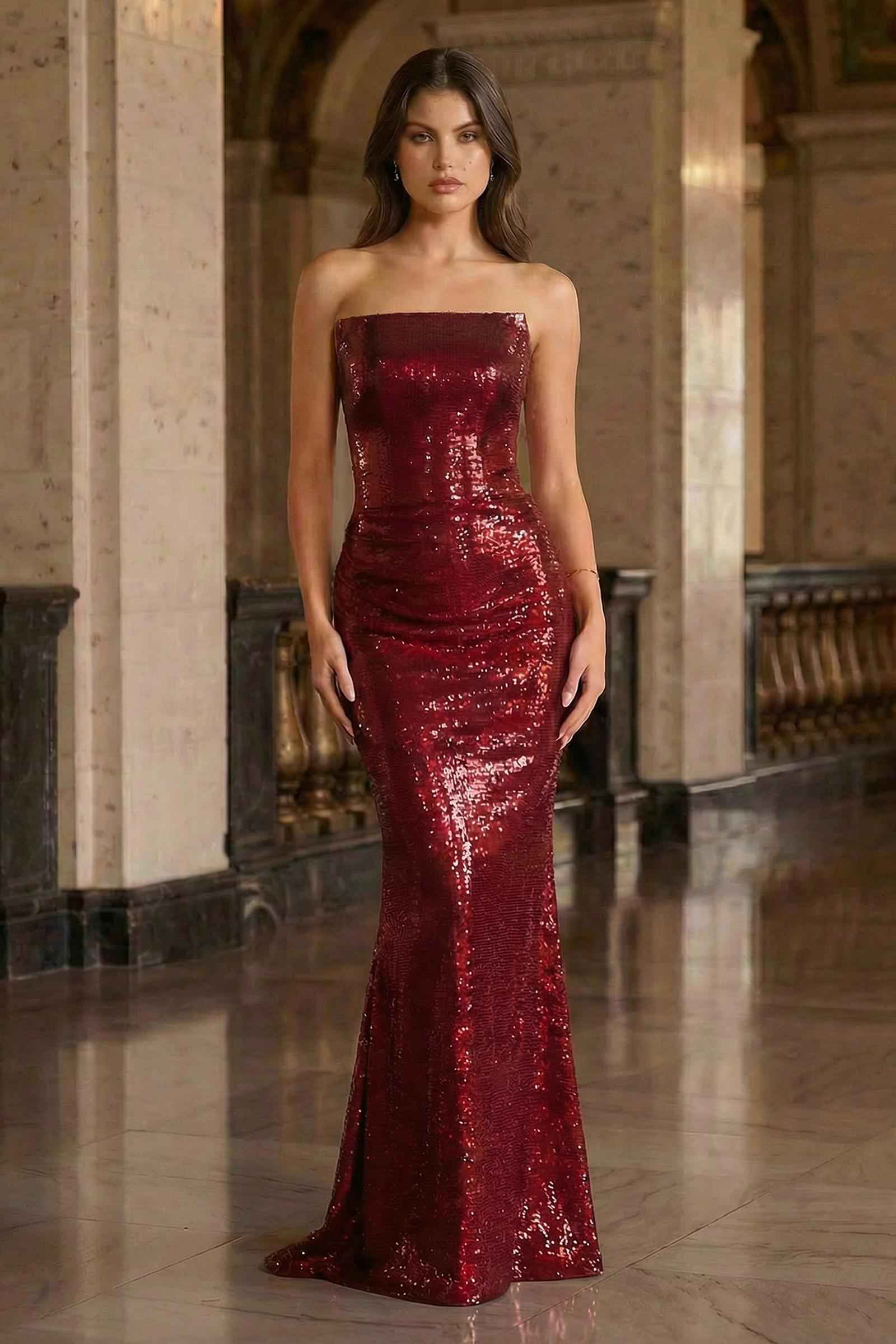 Ladivine J904 Strapless Sequin Fitted Gown Formal Evening Dress by DiscountDressShop