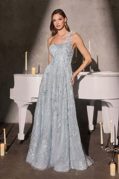 Ladivine J909 One Shoulder 3D Floral Applique Full Lace Beaded A-Line Gown by DiscountDressShop