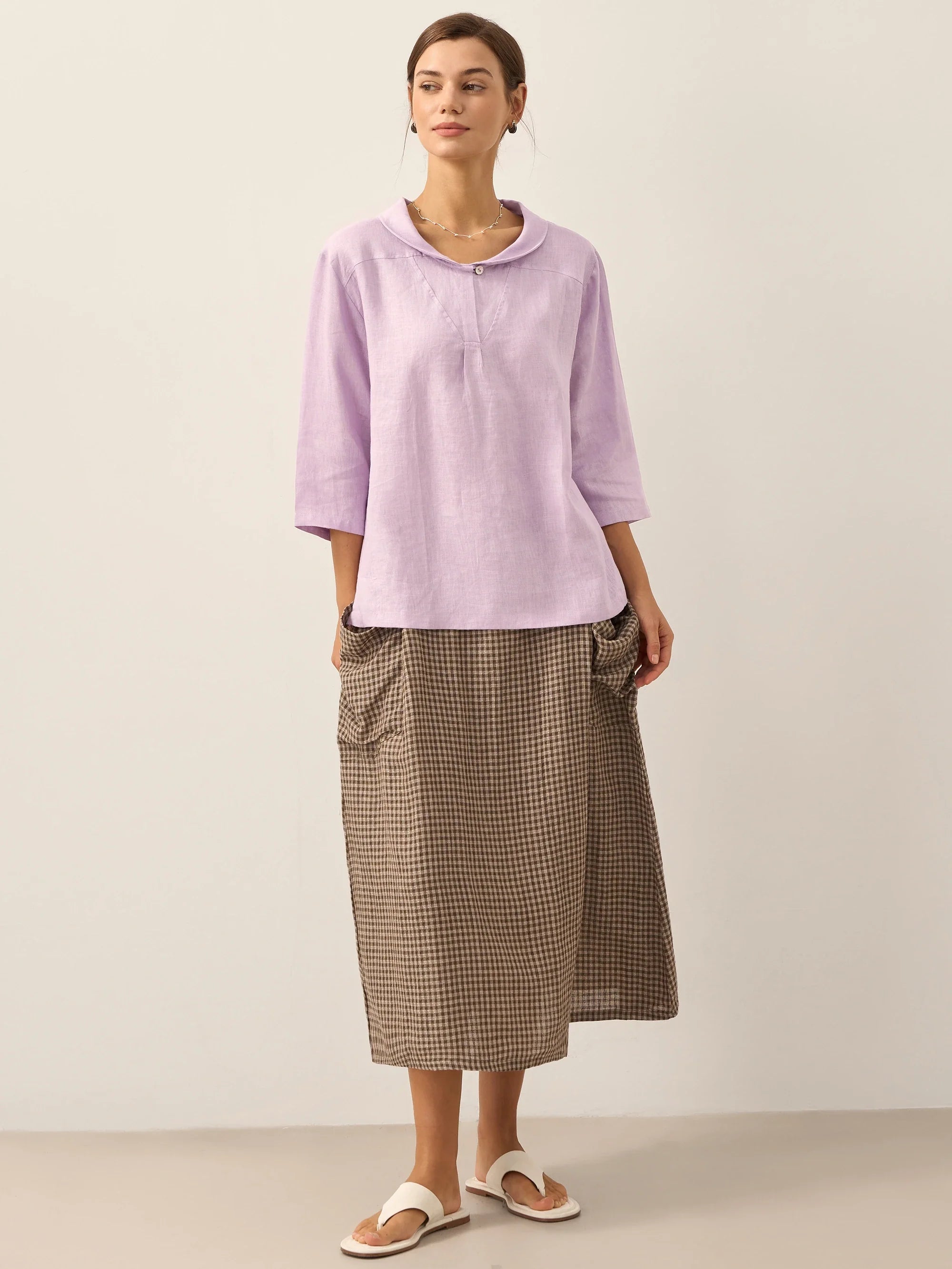 100% Linen Shawl V-Neck Half Sleeve Top JADE by LINTICO