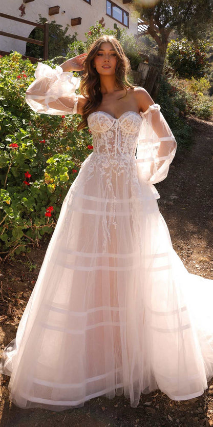 Nox Anabel JE1001L Long Puff Sleeve Strapless Corset A-Line Bridal Gown by DiscountDressShop
