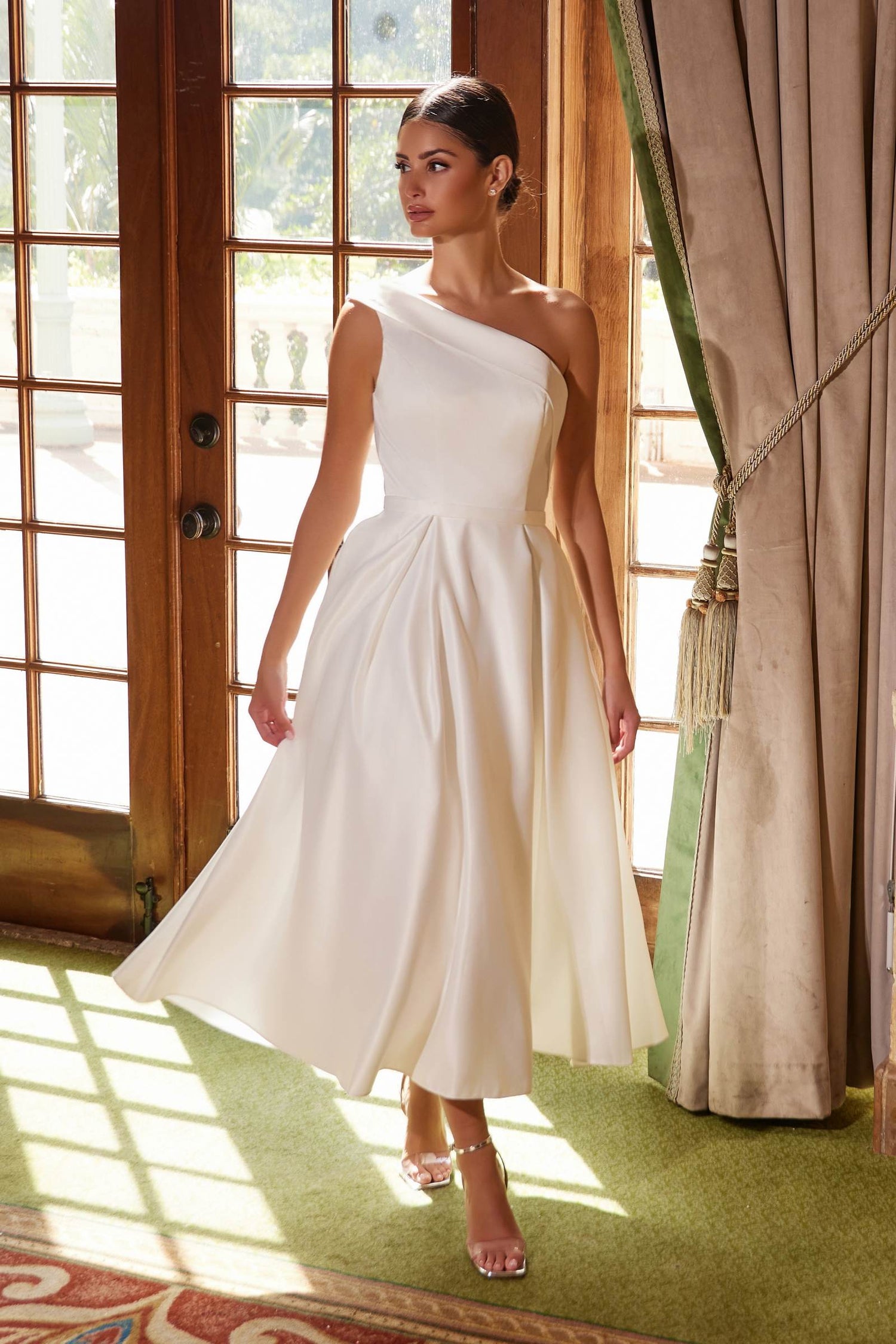 Nox Anabel JE931 One Shoulder Satin Tea Length Gown by DiscountDressShop