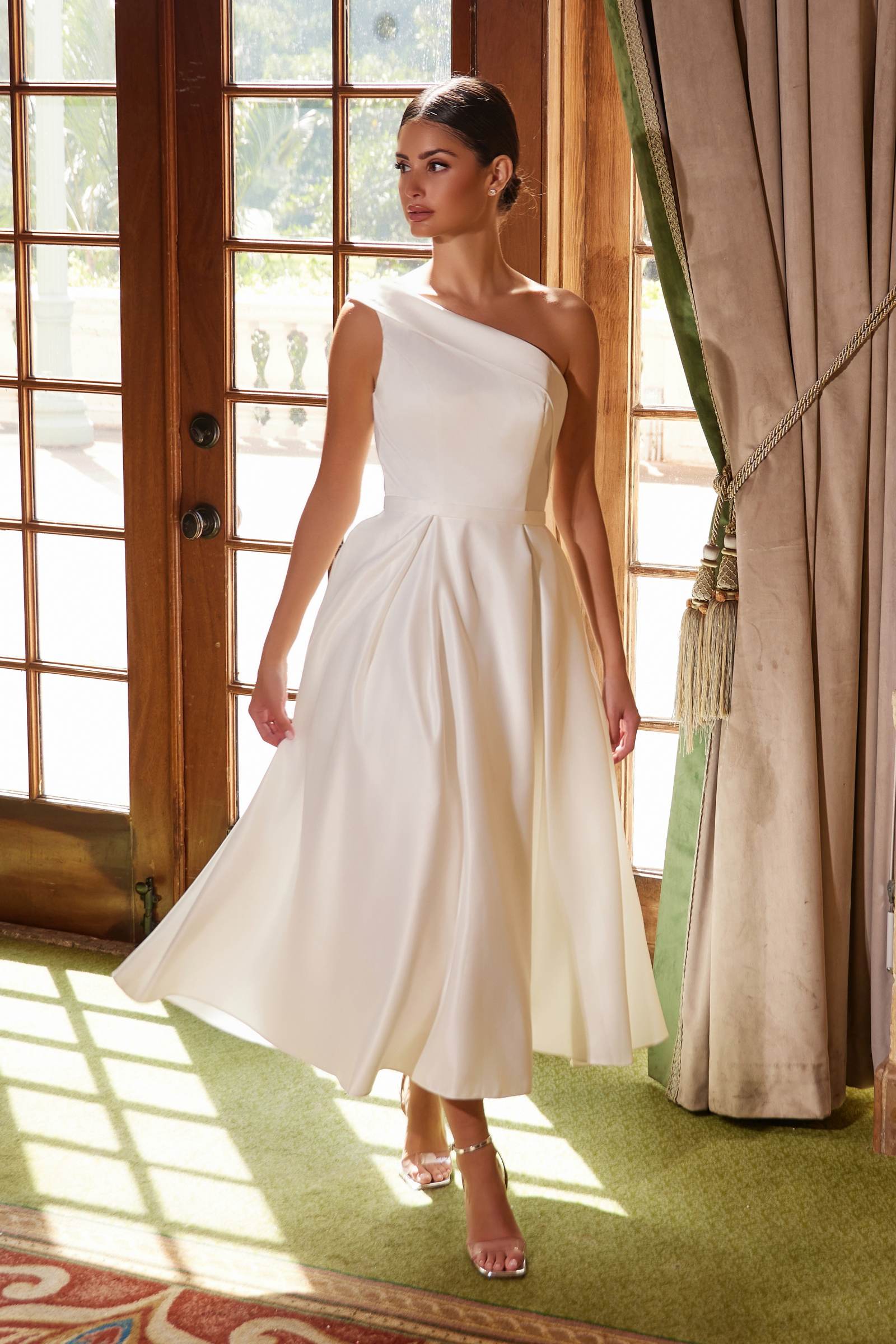 Nox Anabel JE931 One Shoulder Satin Tea Length Gown by DiscountDressShop