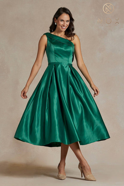 Nox Anabel JE931 One Shoulder Satin Tea Length Gown by DiscountDressShop