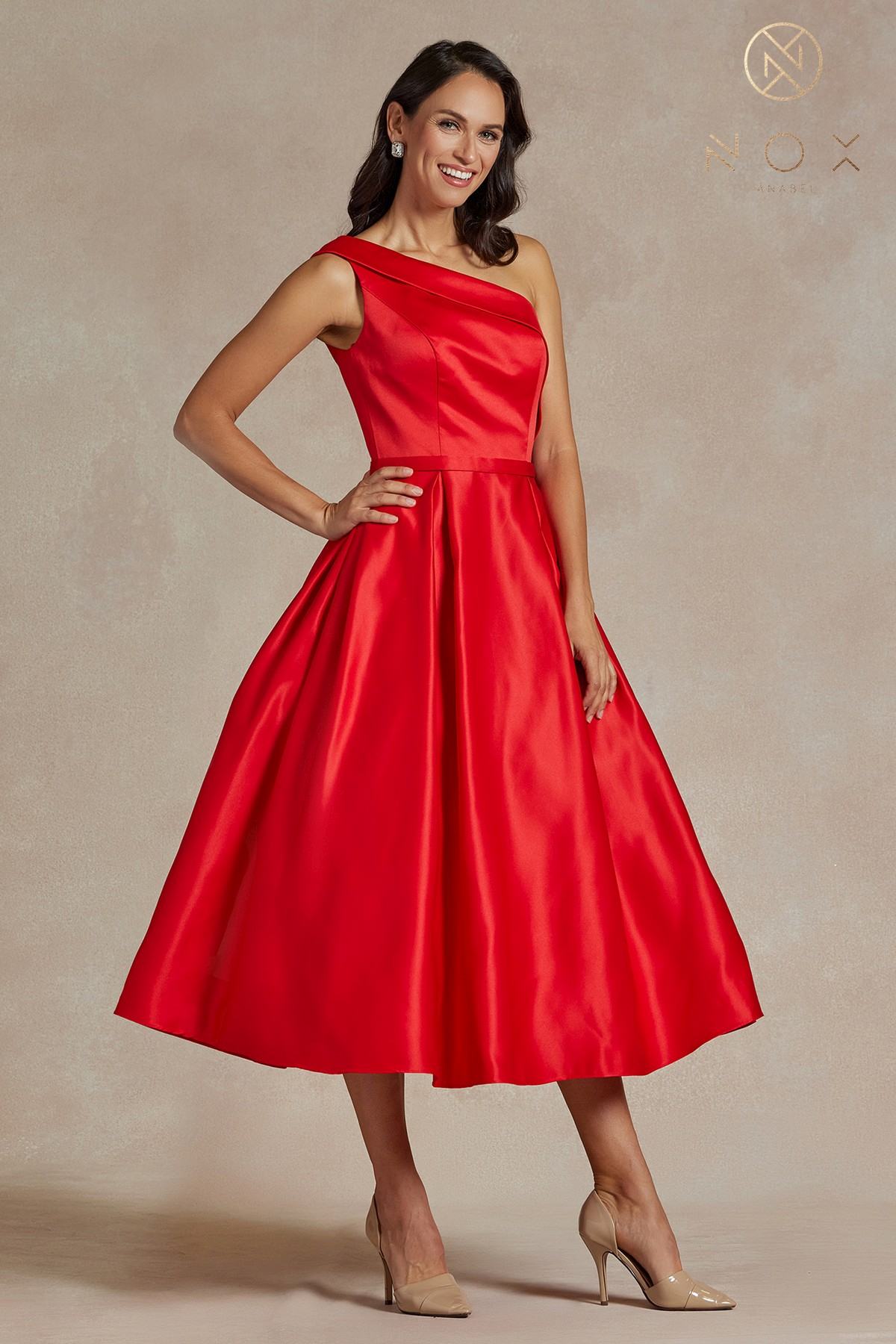 Nox Anabel JE931 One Shoulder Satin Tea Length Gown by DiscountDressShop