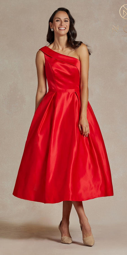 Nox Anabel JE931 One Shoulder Satin Tea Length Gown by DiscountDressShop