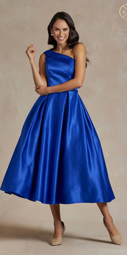 Nox Anabel JE931 One Shoulder Satin Tea Length Gown by DiscountDressShop