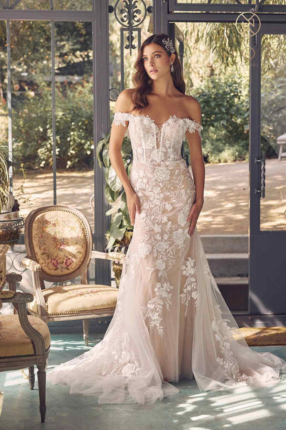 Nox Anabel JE974 Long Off Shoulder Fitted Embroidered Wedding Gown by DiscountDressShop