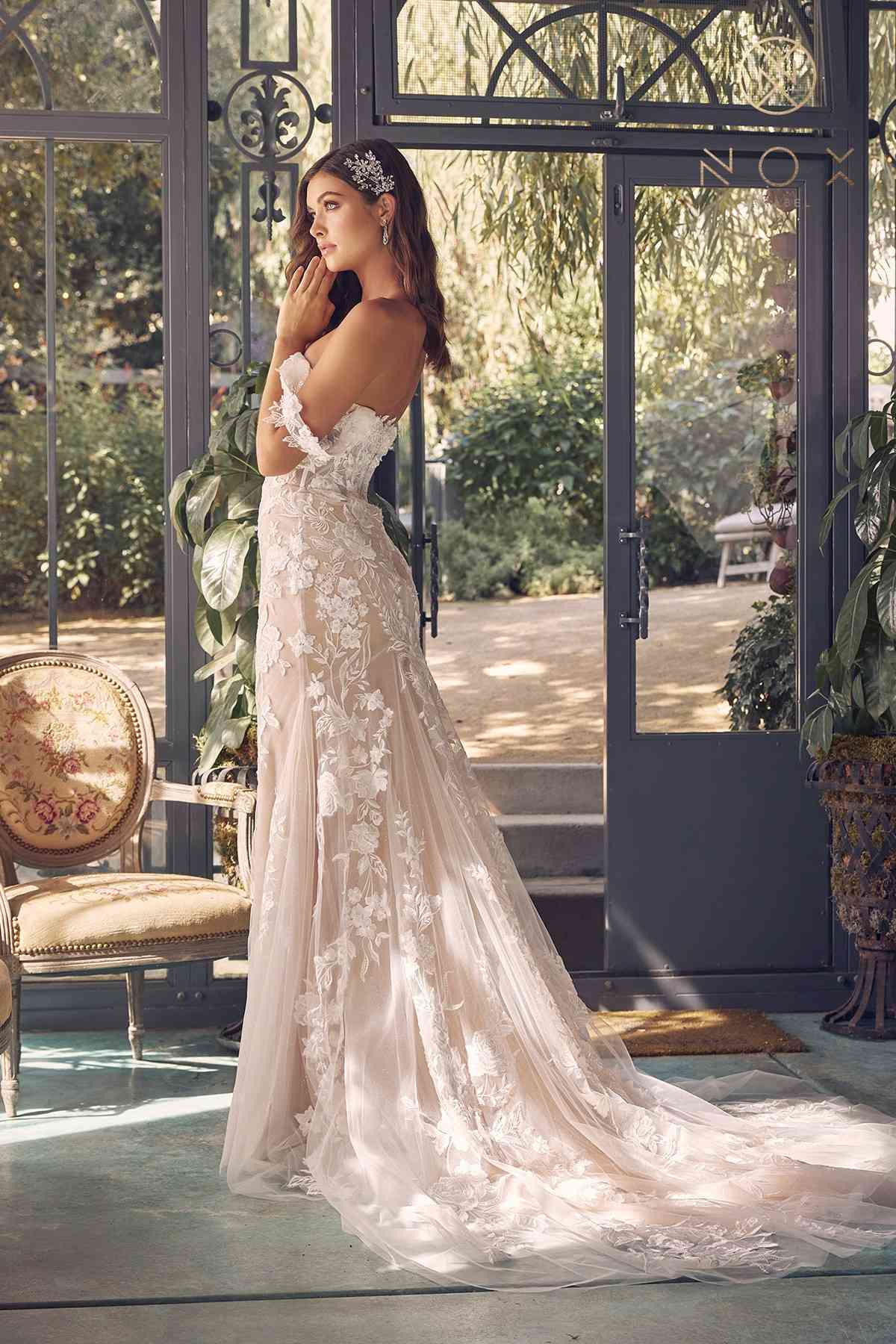 Nox Anabel JE974 Long Off Shoulder Fitted Embroidered Wedding Gown by DiscountDressShop