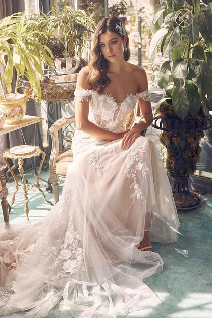 Nox Anabel JE974 Long Off Shoulder Fitted Embroidered Wedding Gown by DiscountDressShop