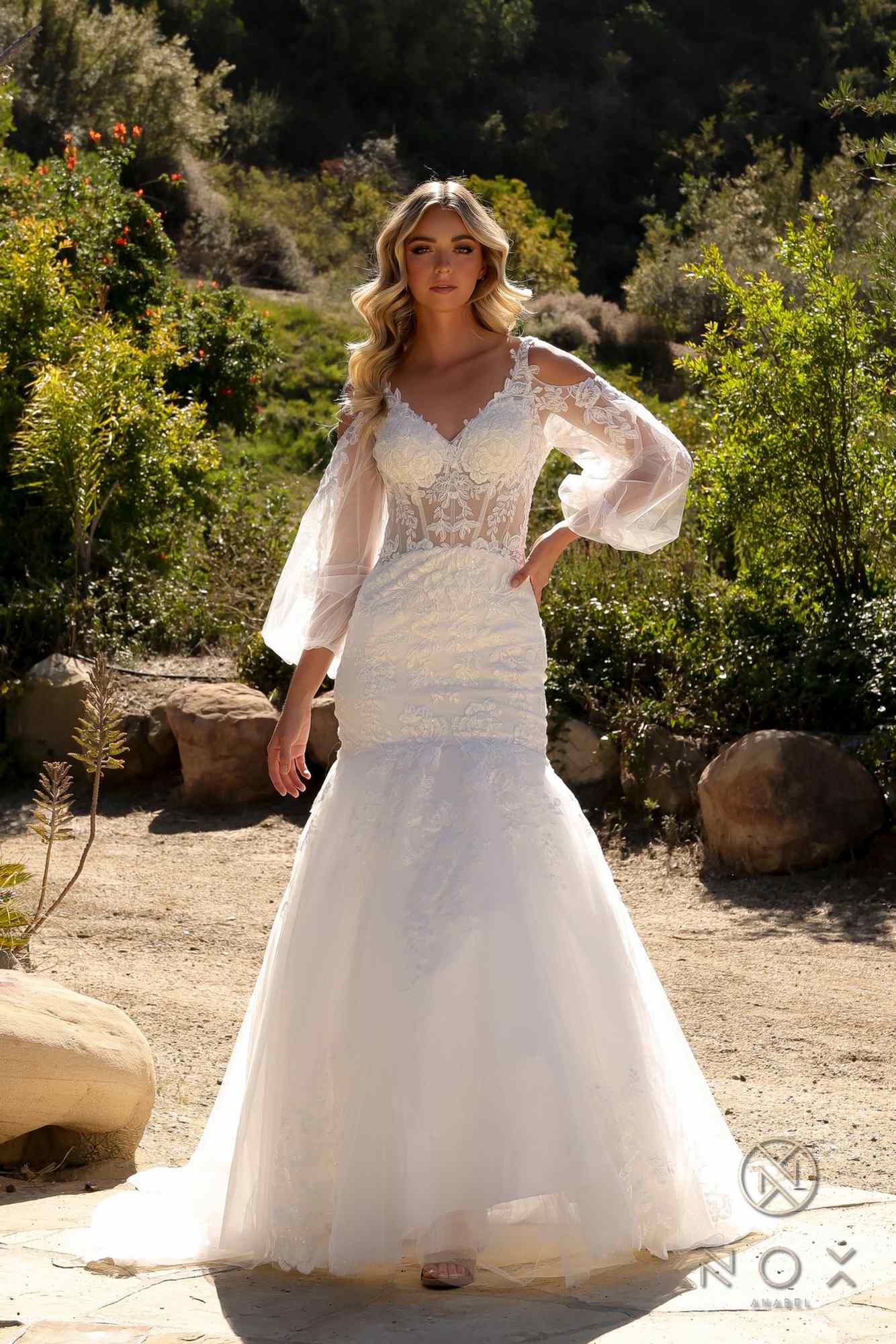 Nox Anabel JE983L Long Bell Sleeve Mermaid Bridal Gown by DiscountDressShop
