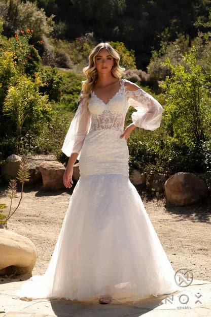 Nox Anabel JE983L Long Bell Sleeve Mermaid Bridal Gown by DiscountDressShop