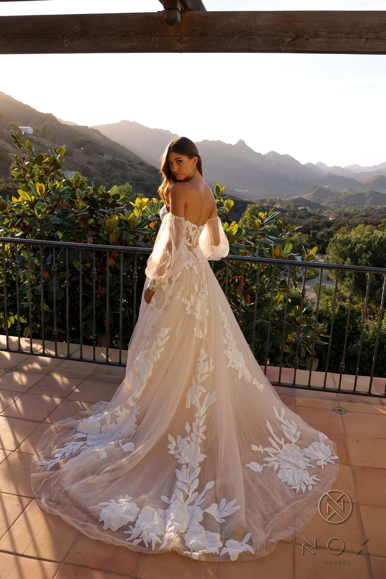 Nox Anabel JE990L Long Puff Sleeve Strapless Corset A-Line Bridal Gown by DiscountDressShop