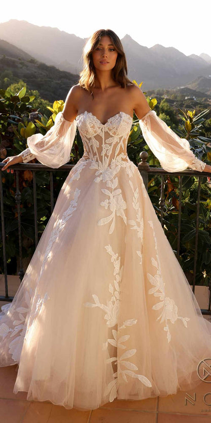 Nox Anabel JE990L Long Puff Sleeve Strapless Corset A-Line Bridal Gown by DiscountDressShop