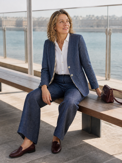 Linen Reversible Denim Texture V-Neck Jacket ELLIE  DestGlow