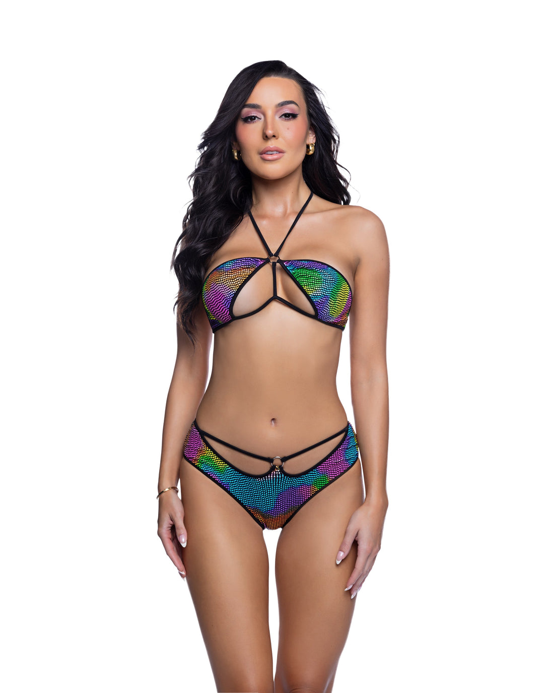 Rainbow Studded Ring Top &amp; V-Cut Short Rave Set by Rave Fix