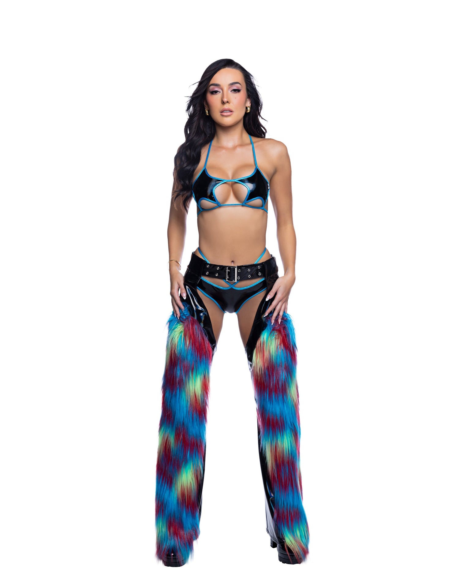 PVC &amp; Rainbow Faux Fur Belted Festival Chaps