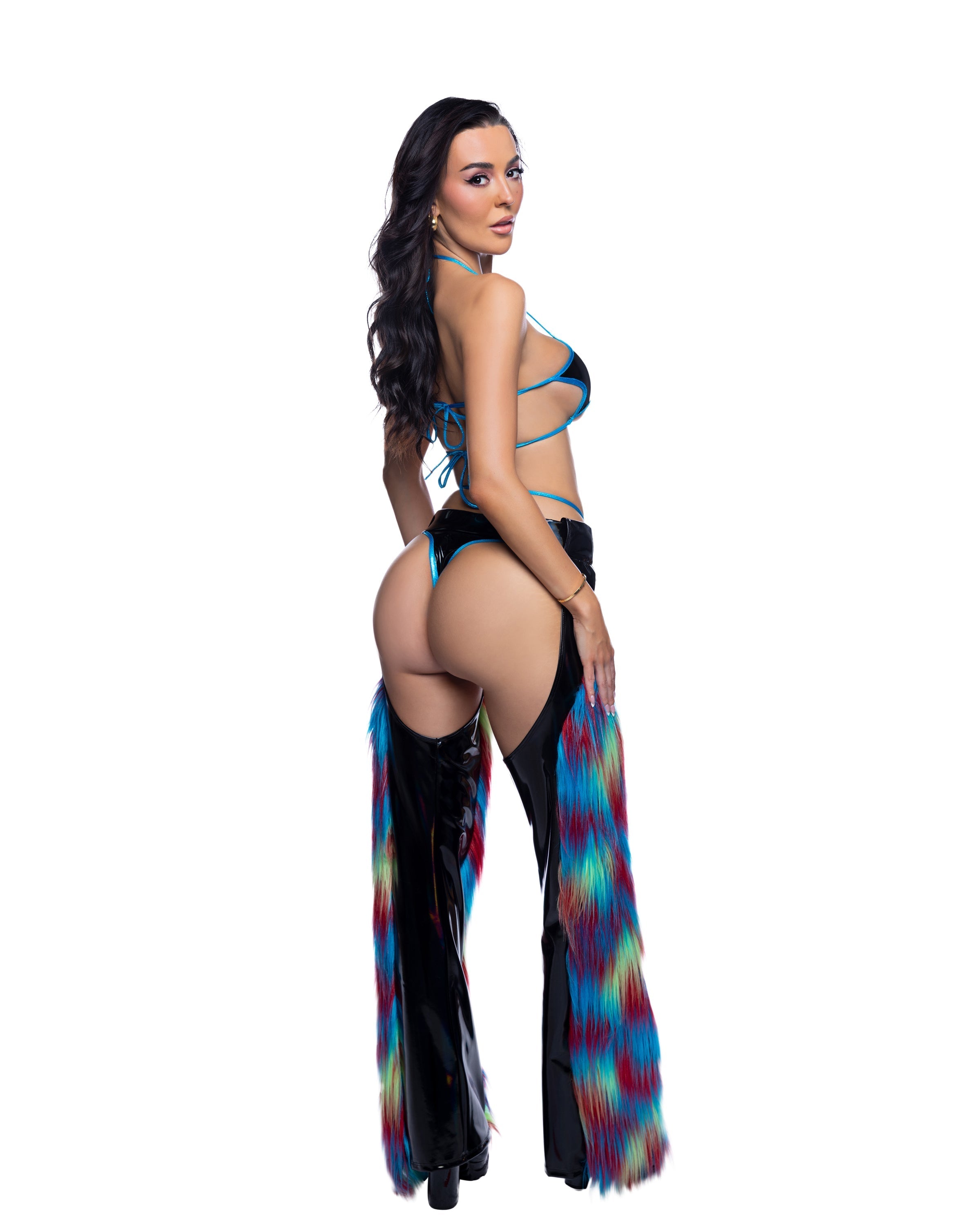 PVC &amp; Rainbow Faux Fur Belted Festival Chaps