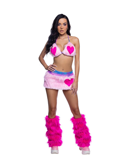 Faux Fur Heart Halter Top &amp; Mini Skirt Rave Set