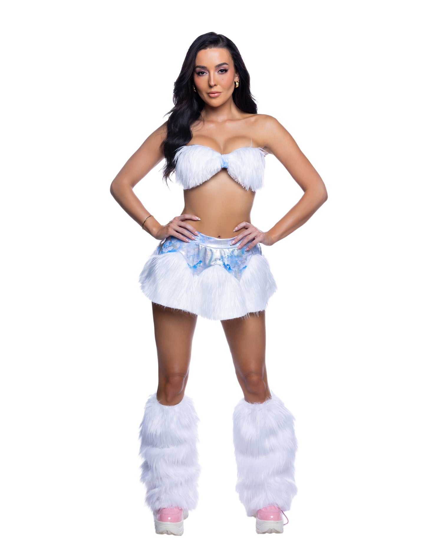 Shaggy Faux Fur Bandeau &amp; Flare Mini Skirt Rave Set by Rave Fix