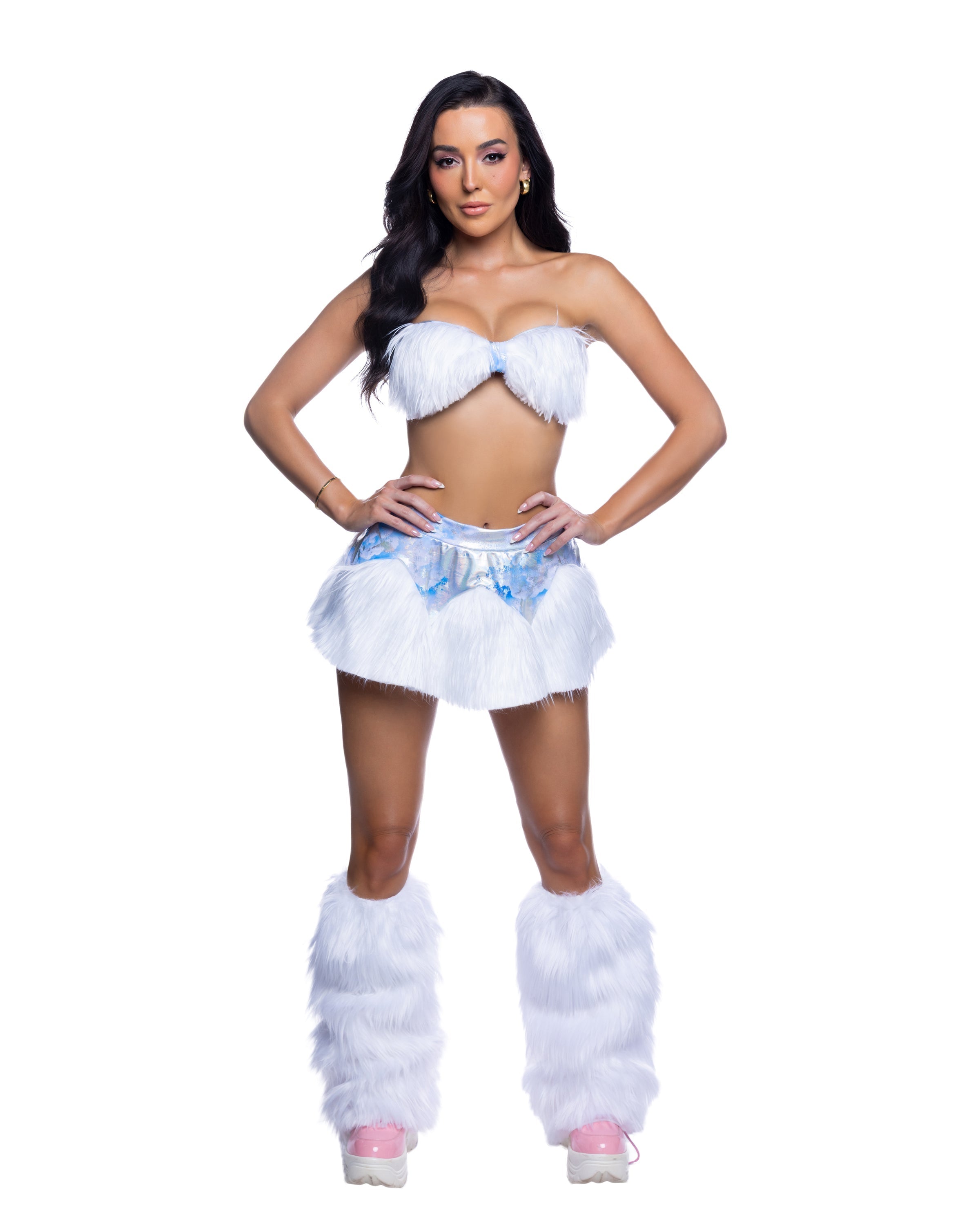 Shaggy Faux Fur Bandeau &amp; Flare Mini Skirt Rave Set by Rave Fix