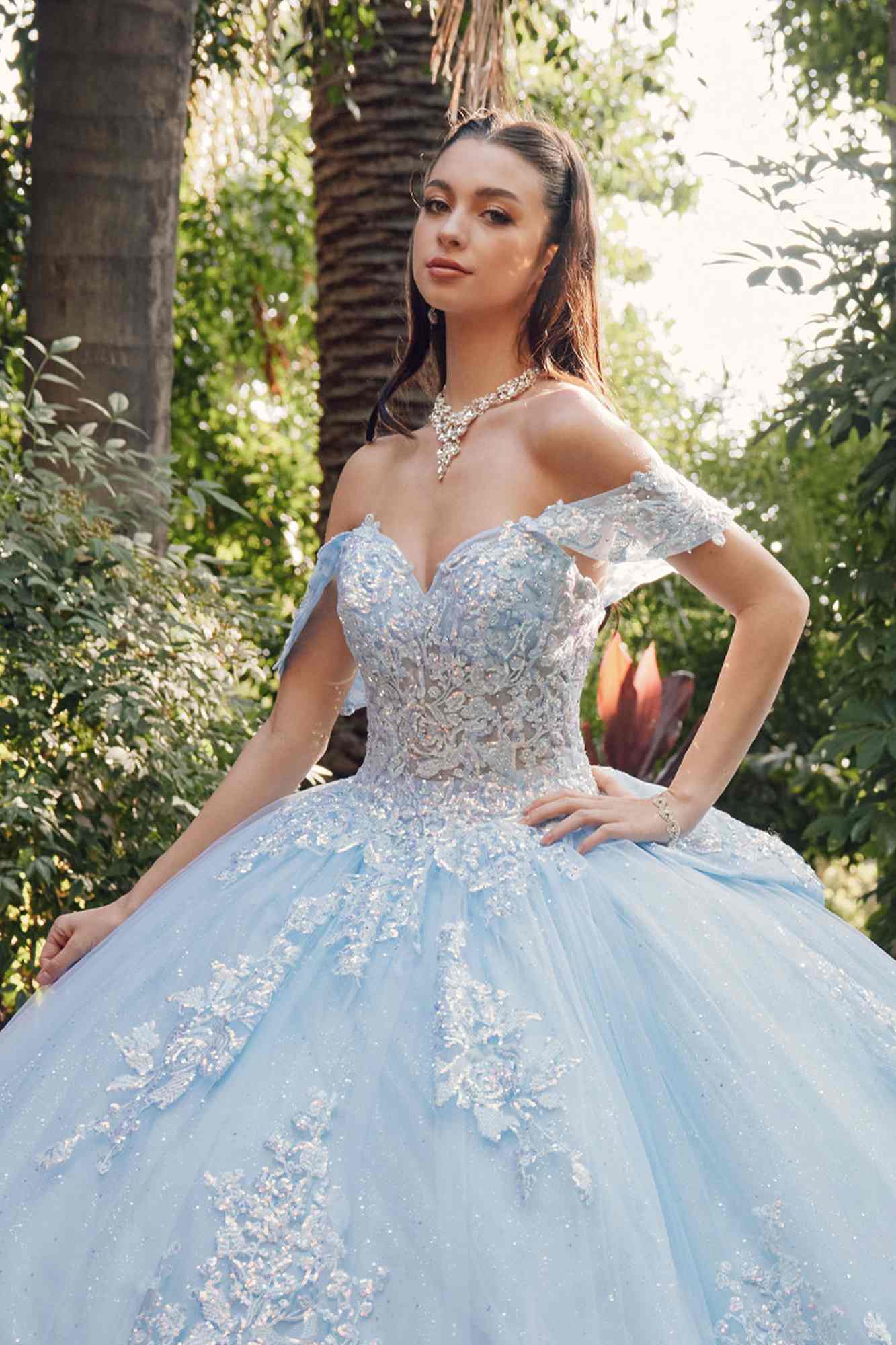 Juliet JT1458J Off the Shoulder Draped Sleeve Cathedral Train Quince Dress by DiscountDressShop