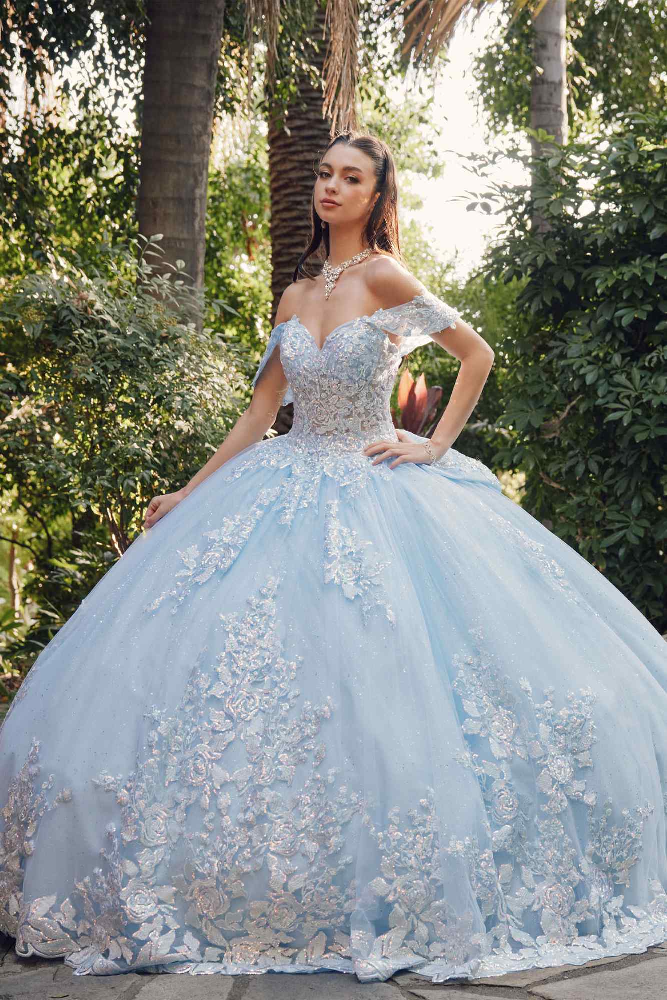 Juliet JT1458J Off the Shoulder Draped Sleeve Cathedral Train Quince Dress by DiscountDressShop