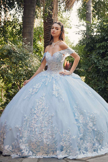 Juliet JT1458J Off the Shoulder Draped Sleeve Cathedral Train Quince Dress by DiscountDressShop