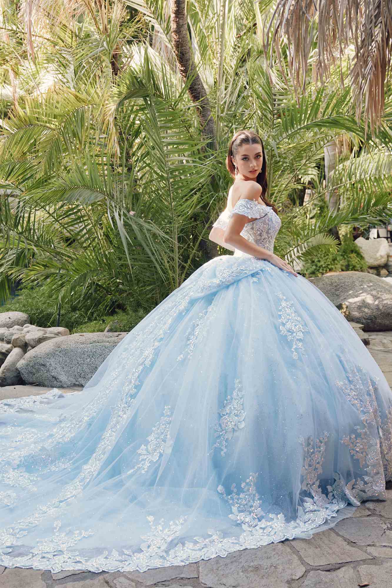 Juliet JT1458J Off the Shoulder Draped Sleeve Cathedral Train Quince Dress by DiscountDressShop
