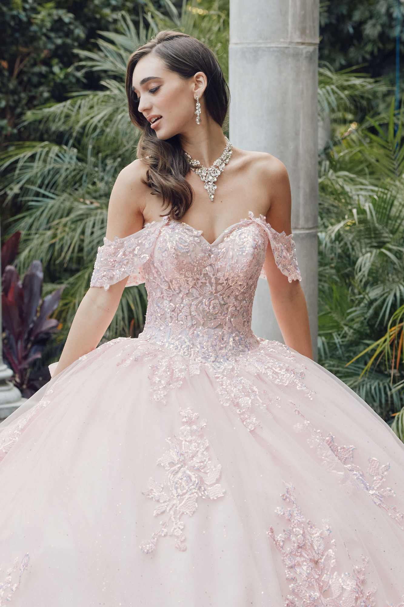 Juliet JT1458J Off the Shoulder Draped Sleeve Cathedral Train Quince Dress by DiscountDressShop