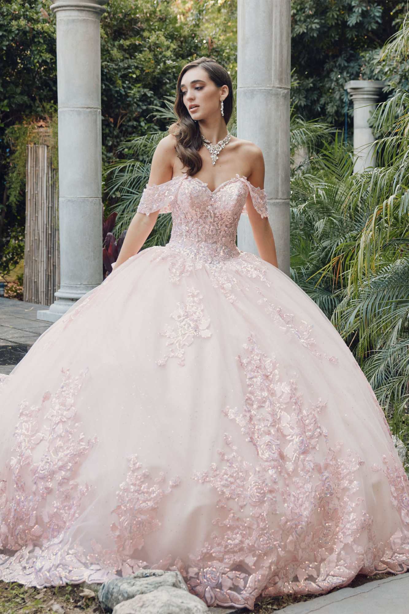 Juliet JT1458J Off the Shoulder Draped Sleeve Cathedral Train Quince Dress by DiscountDressShop