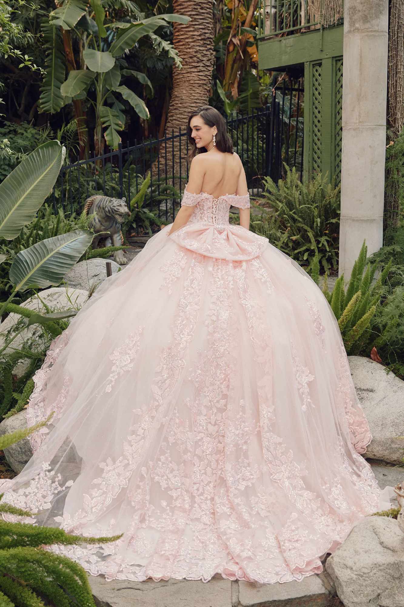 Juliet JT1458J Off the Shoulder Draped Sleeve Cathedral Train Quince Dress by DiscountDressShop