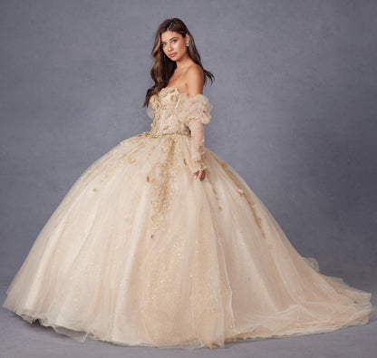 Juliet JT1465H Dress 3d Flowers Applique Puff Sleeve Quinceanera Dress by DiscountDressShop