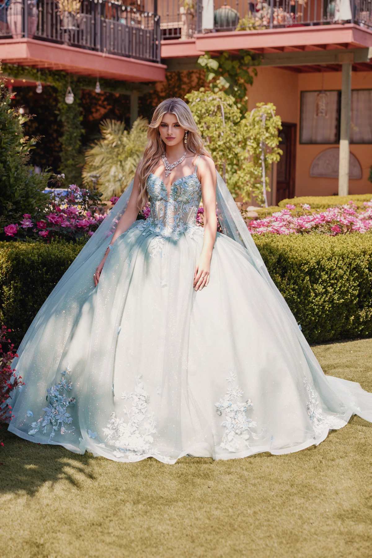 Juliet JT1466H Dress 3D Multi Floral Applique Cape Sleeve Quinceanera Gown by DiscountDressShop