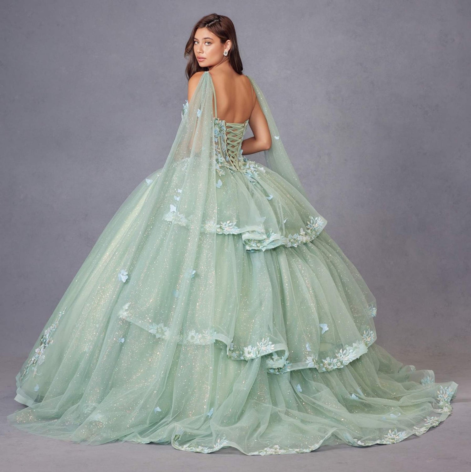 Juliet JT1466H Dress 3D Multi Floral Applique Cape Sleeve Quinceanera Gown by DiscountDressShop