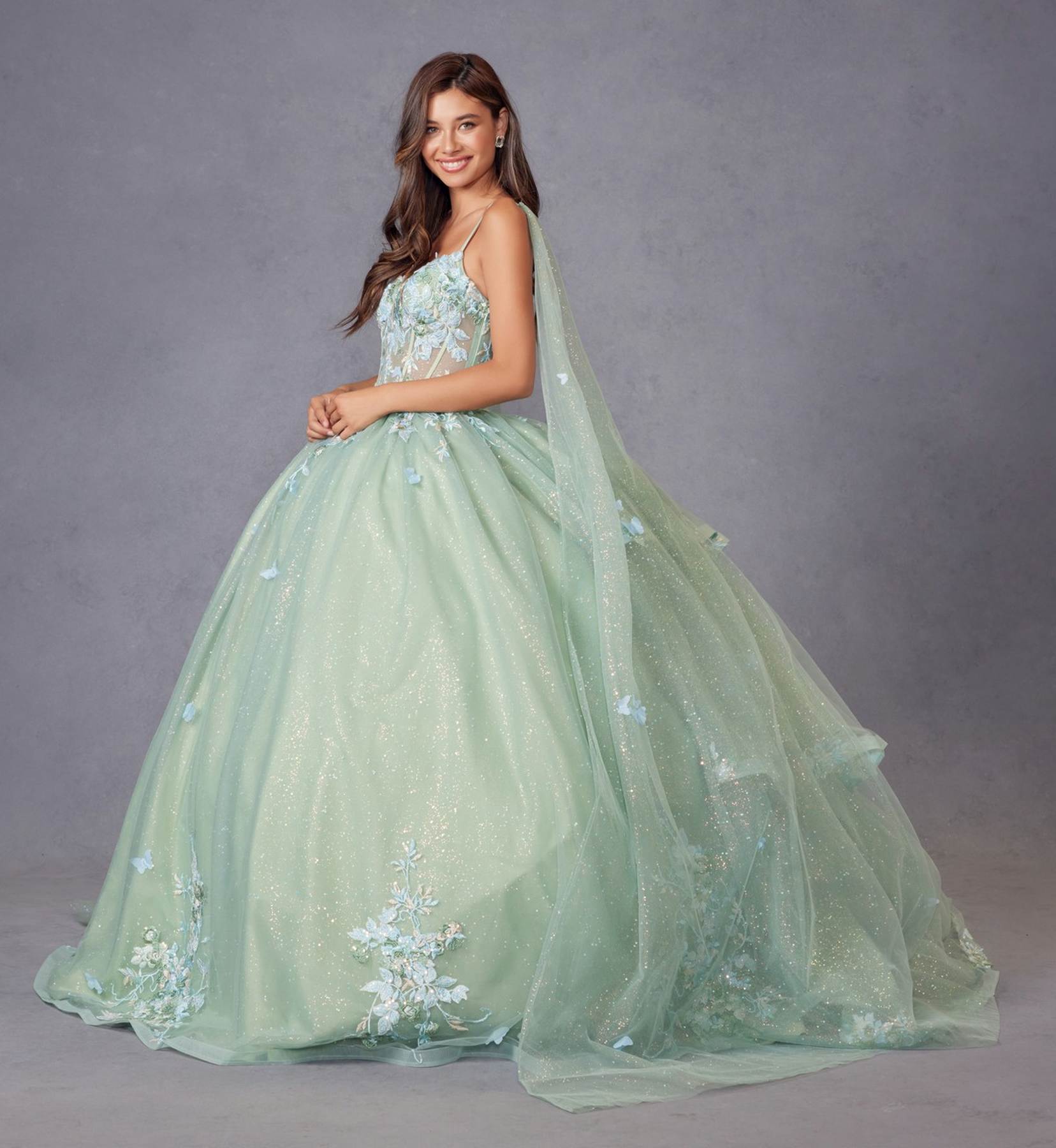 Juliet JT1466H Dress 3D Multi Floral Applique Cape Sleeve Quinceanera Gown by DiscountDressShop