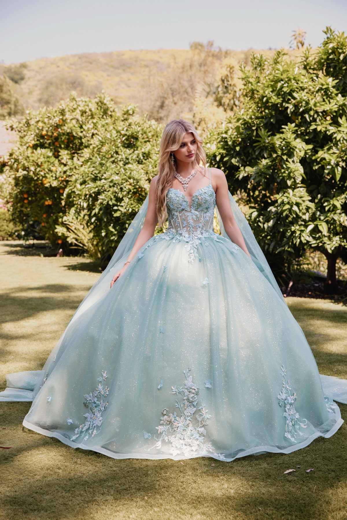 Juliet JT1466H Dress 3D Multi Floral Applique Cape Sleeve Quinceanera Gown by DiscountDressShop