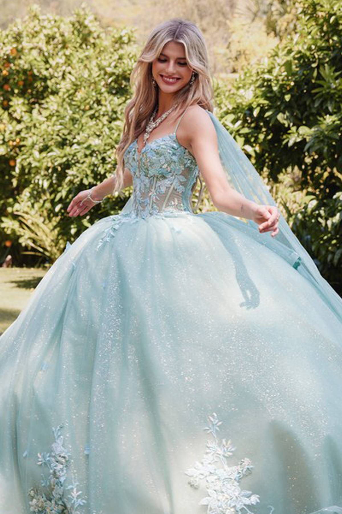 Juliet JT1466H Dress 3D Multi Floral Applique Cape Sleeve Quinceanera Gown by DiscountDressShop