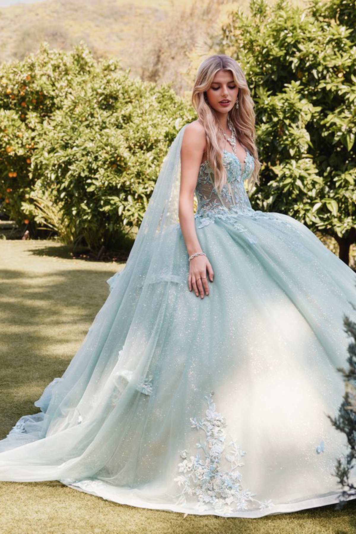 Juliet JT1466H Dress 3D Multi Floral Applique Cape Sleeve Quinceanera Gown by DiscountDressShop