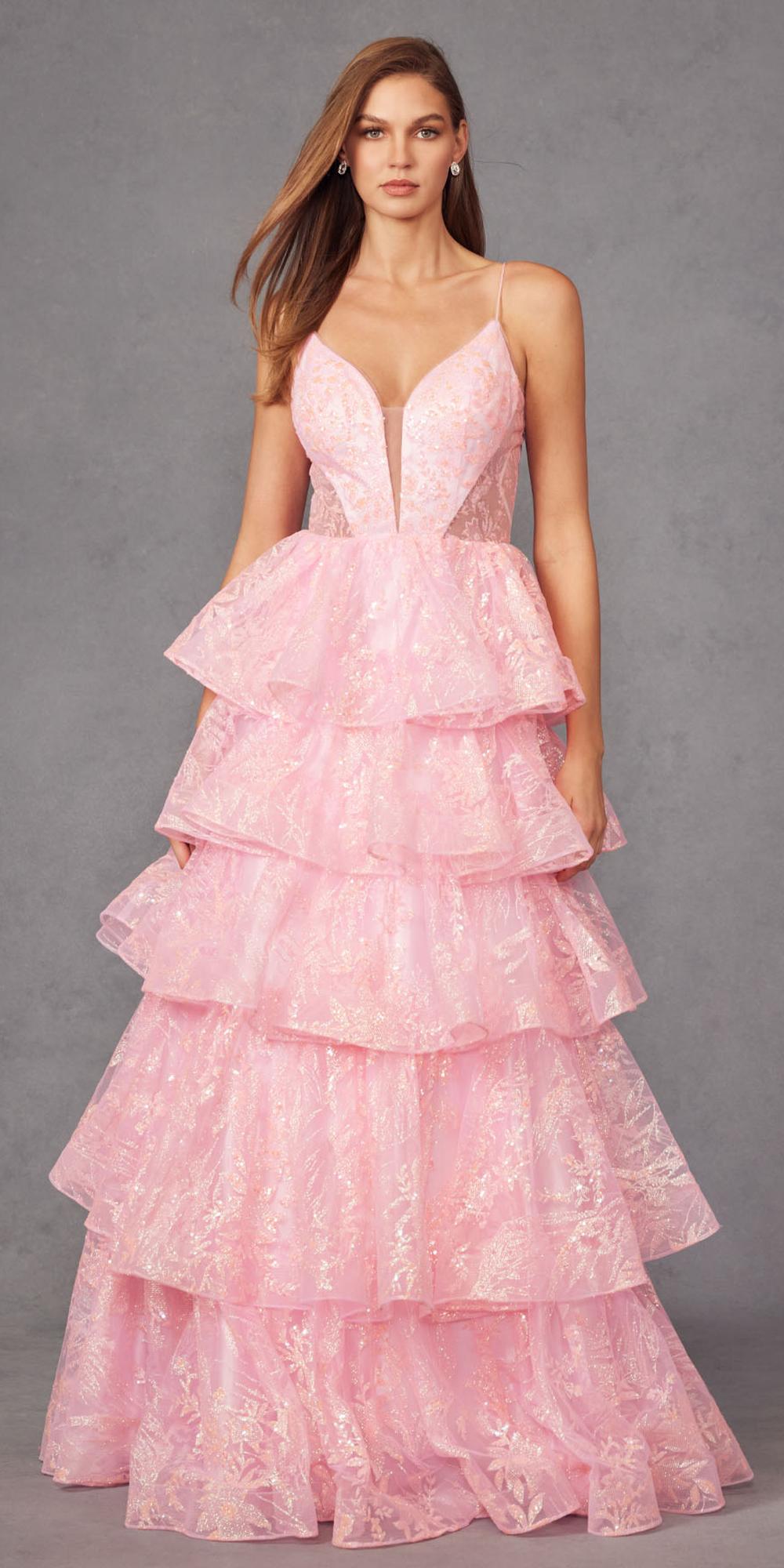 Juliet JT2438K Long Glitter Print Layered Tiered A-Line Gown by DiscountDressShop