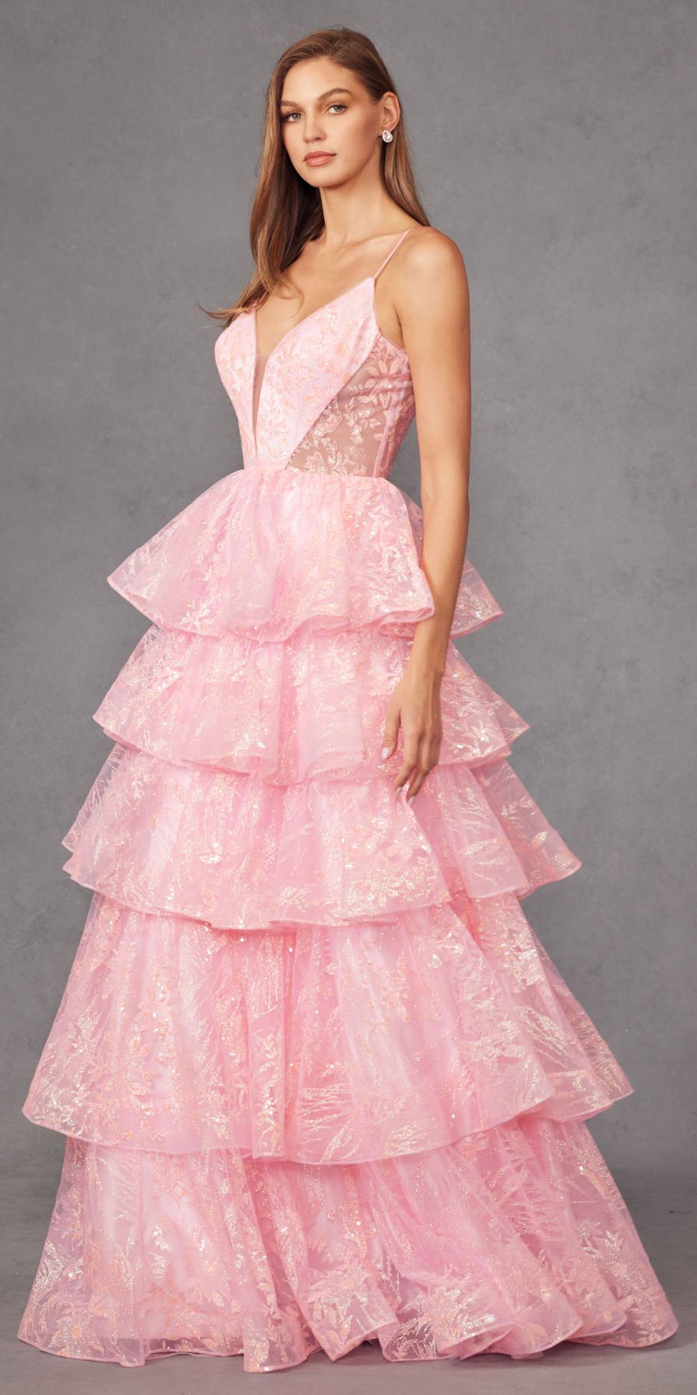 Juliet JT2438K Long Glitter Print Layered Tiered A-Line Gown by DiscountDressShop
