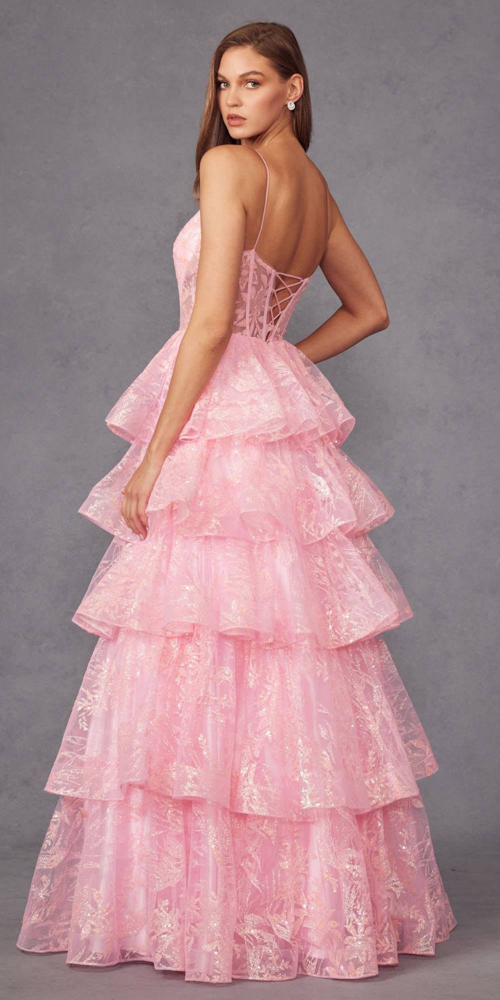 Juliet JT2438K Long Glitter Print Layered Tiered A-Line Gown by DiscountDressShop