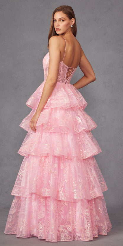 Juliet JT2438K Long Glitter Print Layered Tiered A-Line Gown by DiscountDressShop