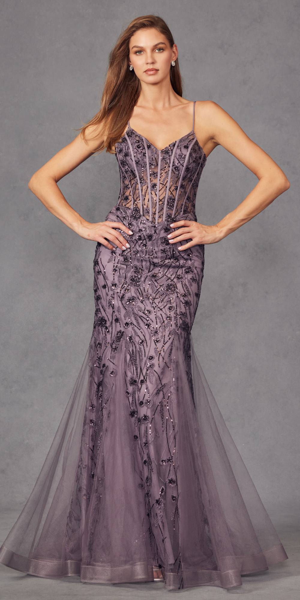 Juliet JT2441S Long Corset Bodice Embellished Sleeveless Mermaid Dress by DiscountDressShop