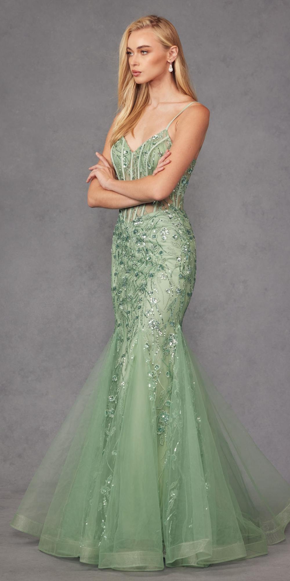 Juliet JT2441S Long Corset Bodice Embellished Sleeveless Mermaid Dress by DiscountDressShop