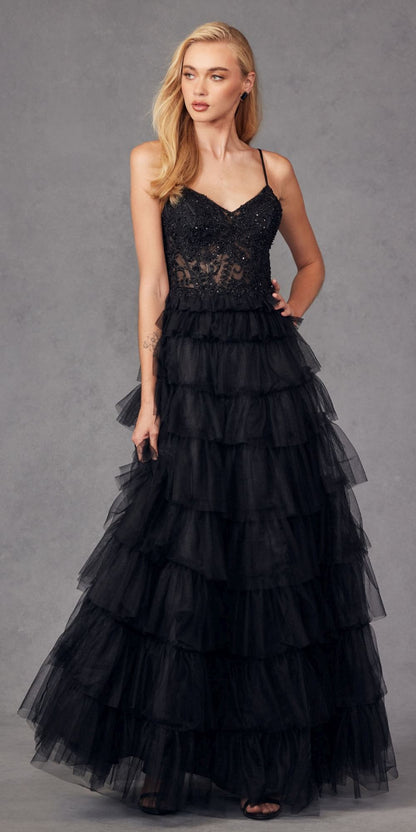 Juliet JT2451S Long Lace Bodice Sleeveless A-line Ruffled Gown by DiscountDressShop