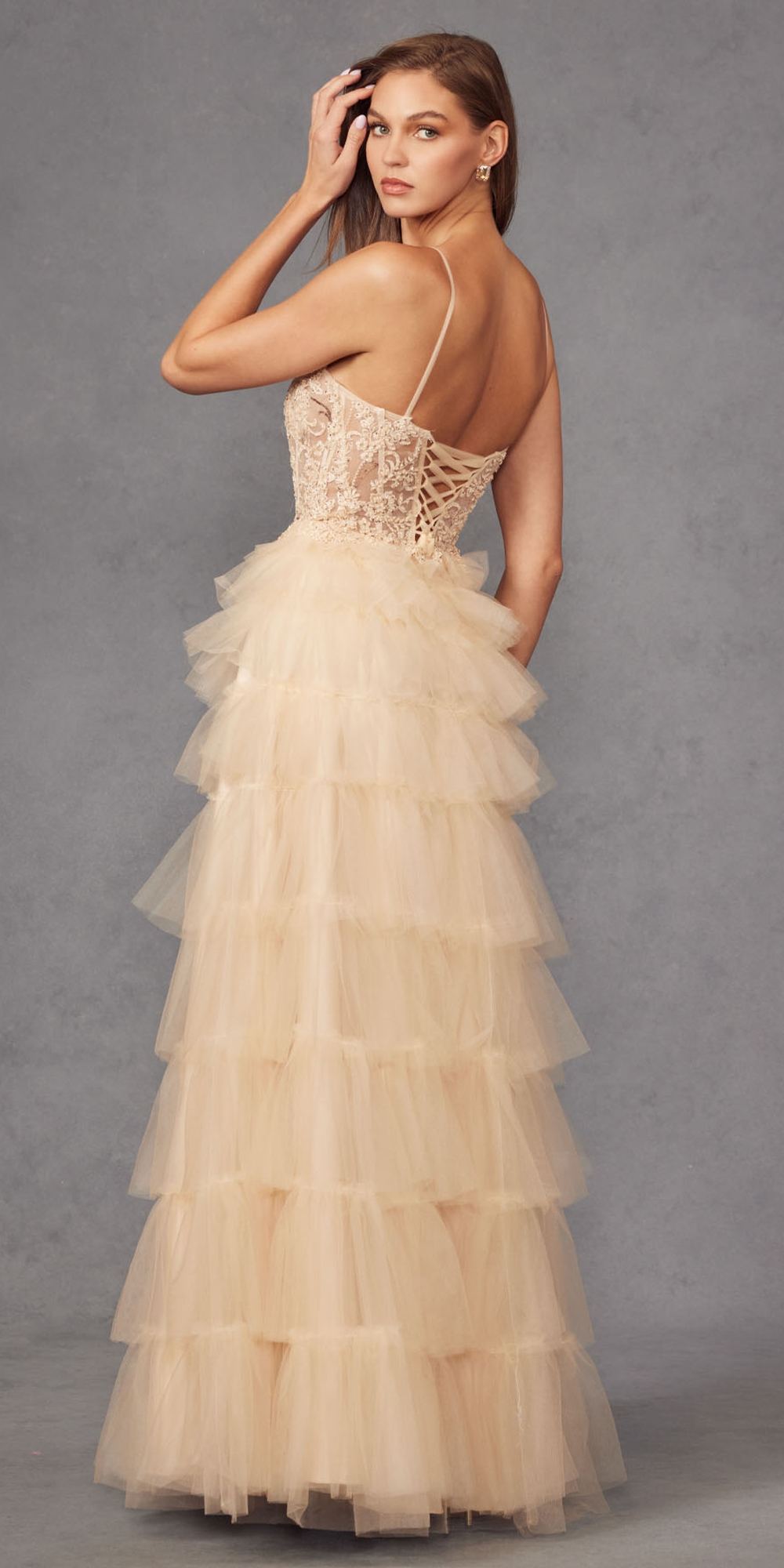 Juliet JT2451S Long Lace Bodice Sleeveless A-line Ruffled Gown by DiscountDressShop