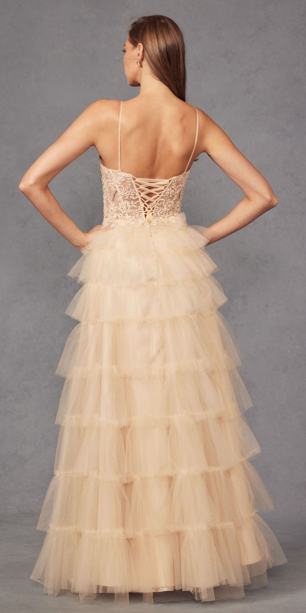 Juliet JT2451S Long Lace Bodice Sleeveless A-line Ruffled Gown by DiscountDressShop