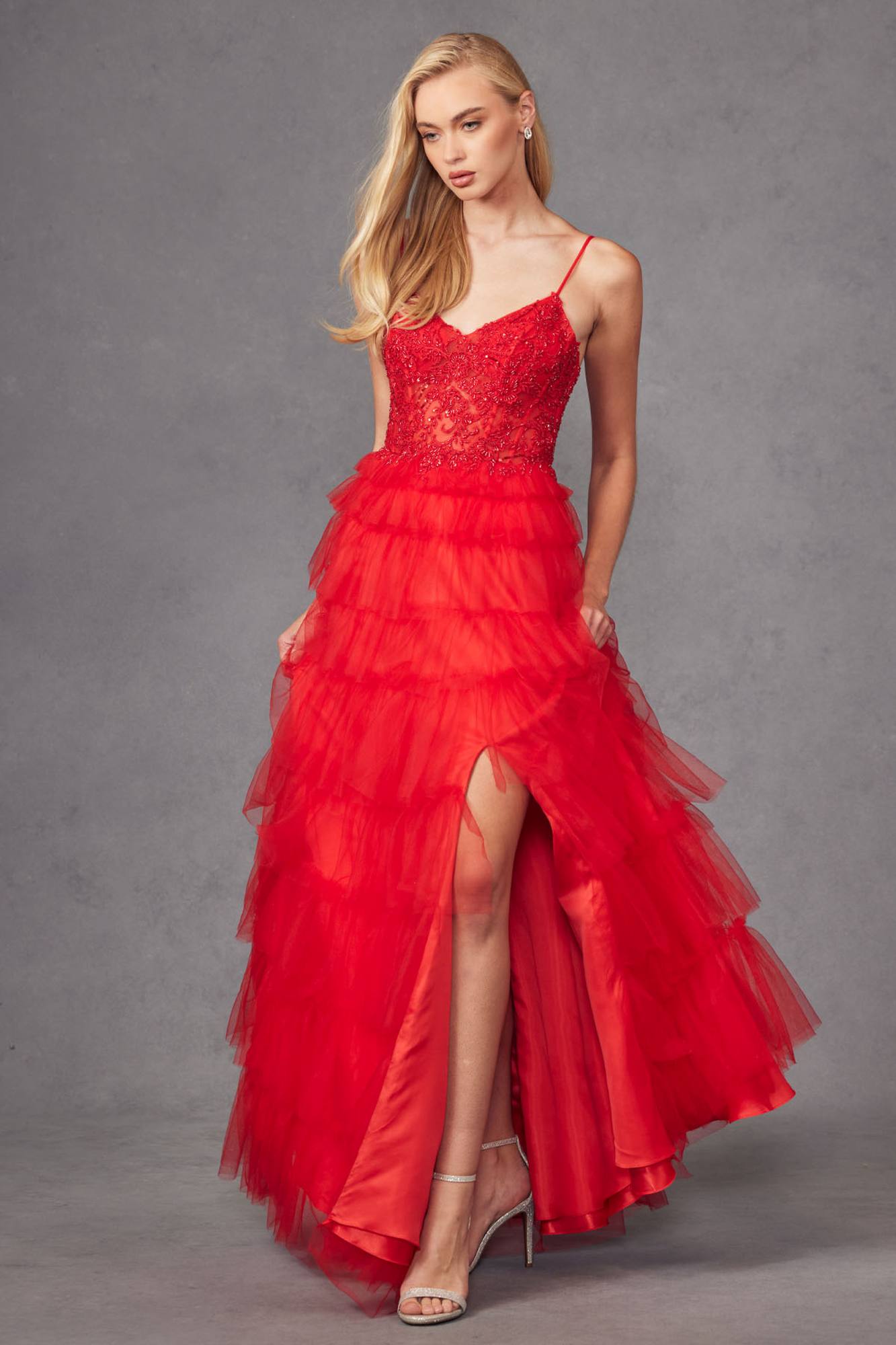 Juliet JT2451S Long Lace Bodice Sleeveless A-line Ruffled Gown by DiscountDressShop