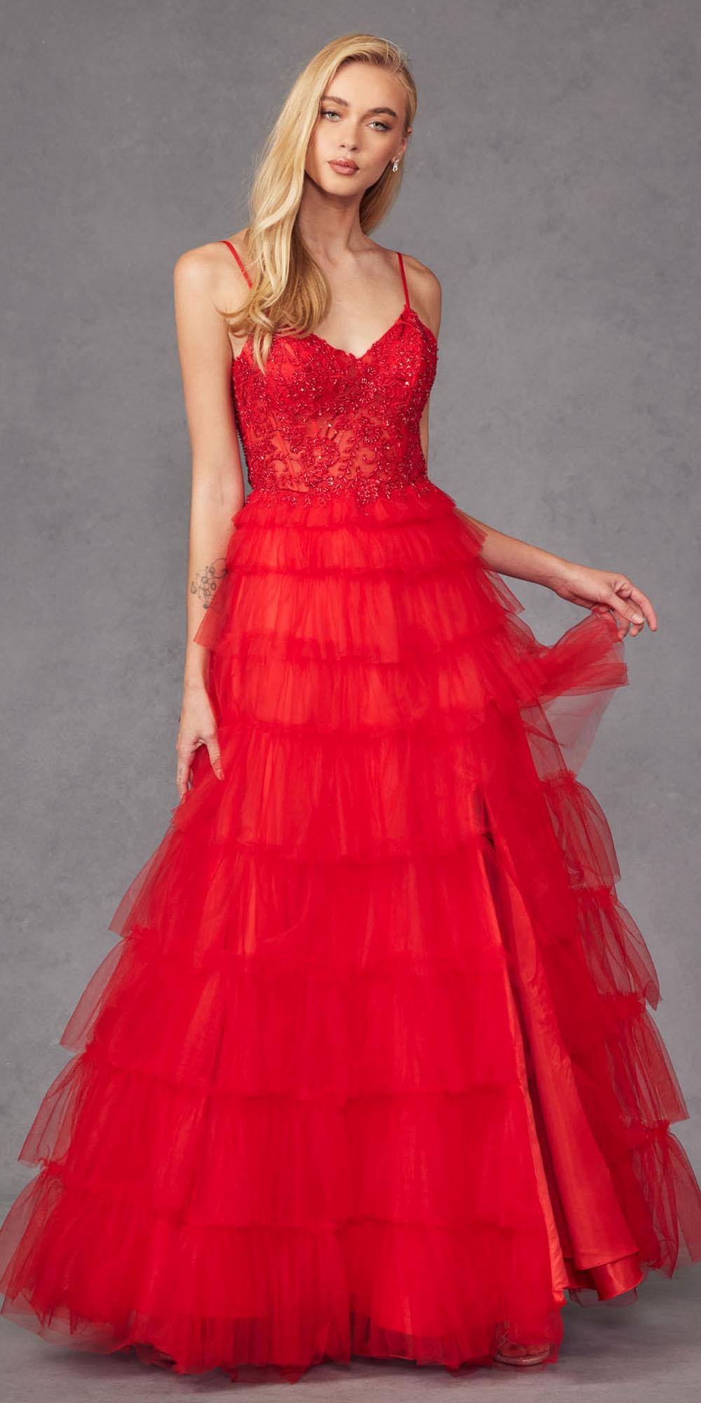 Juliet JT2451S Long Lace Bodice Sleeveless A-line Ruffled Gown by DiscountDressShop