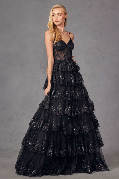 Juliet JT2454K Long Boned Bodice Tiered Layered Sequin Detail A-Line Gown by DiscountDressShop